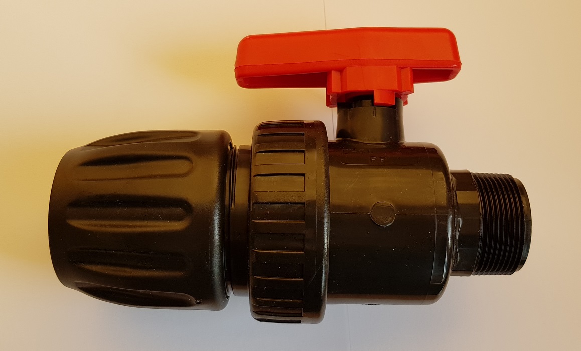 32 mm Kugelhahn mit 1 Klemmverbinder und 1" AG, PN10, PP-EPDM (Bild für) 32 mm Kugelhahn mit 1 Klemmverbinder und 1" AG, PN10, PP-EPDM